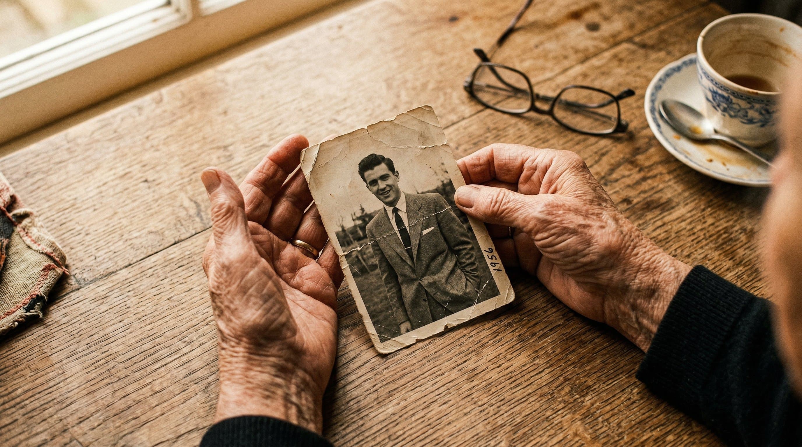 Elderly hands holding a faded photograph