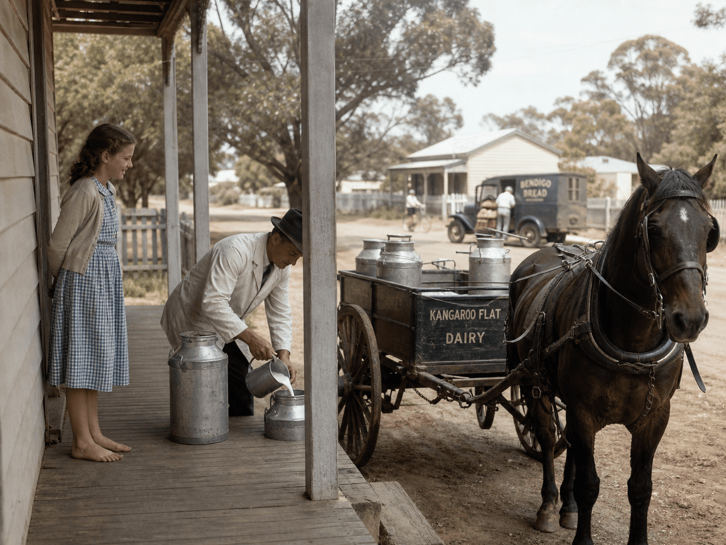 A milkman on a weatherboard porch in Kangaroo Flat, ladling milk from a churn on the back of a horse-drawn dairy cart while a young girl looks on
