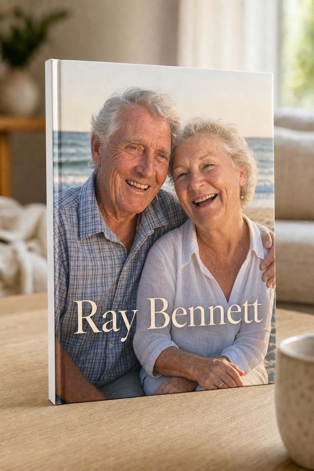 The printed heirloom book - a hardcover with a family photograph and the storyteller's name on the cover