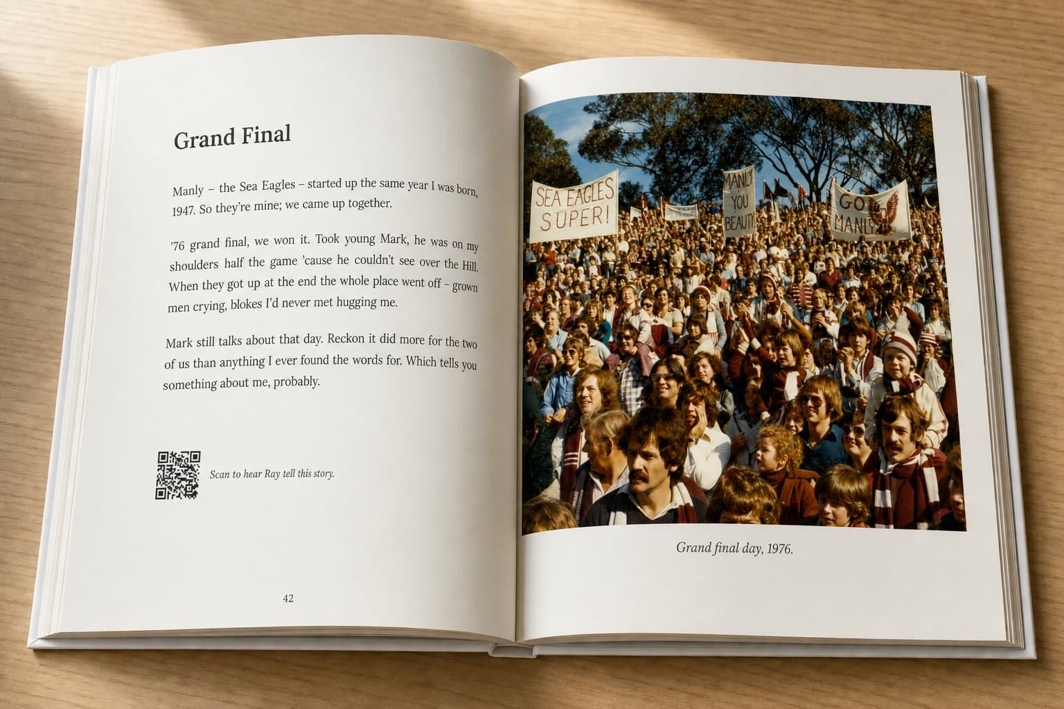 An open hardcover memoir — typeset stories, printed photographs, and a QR code that plays the storyteller's voice