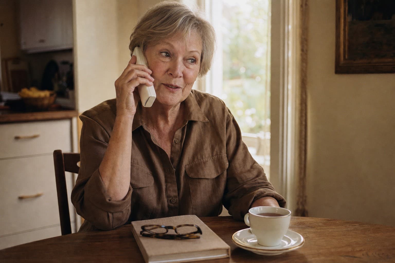 A storyteller on the phone at her kitchen table, telling her story - reading glasses and notebook set aside