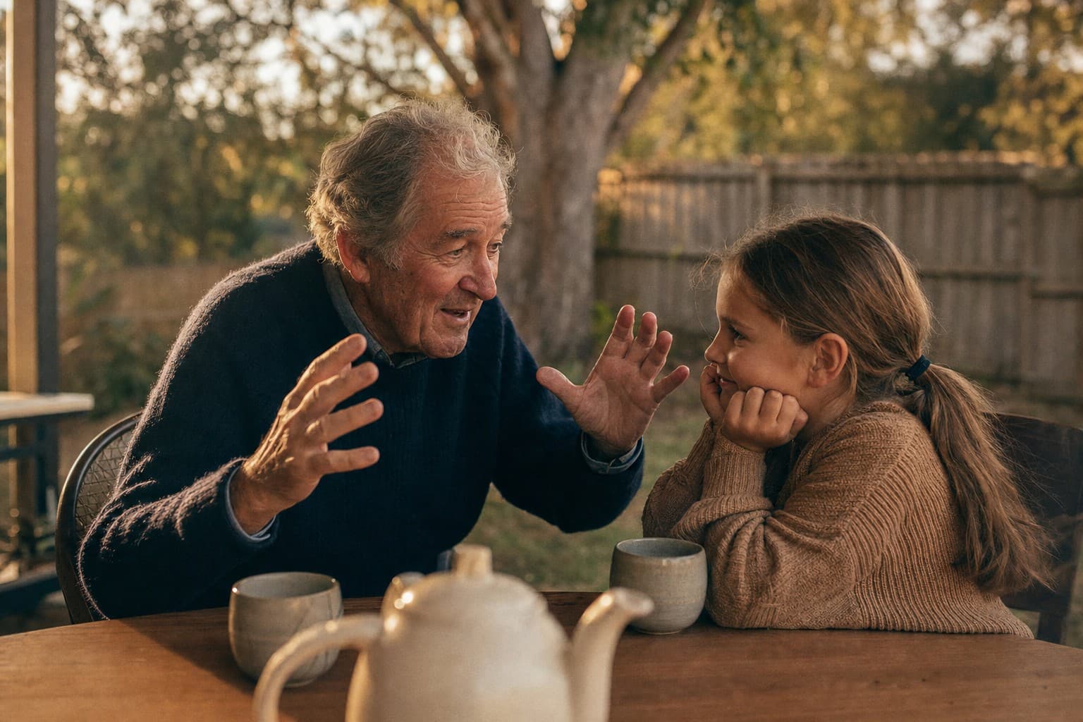 A storyteller mid-story at a backyard table, a girl leaning in to listen