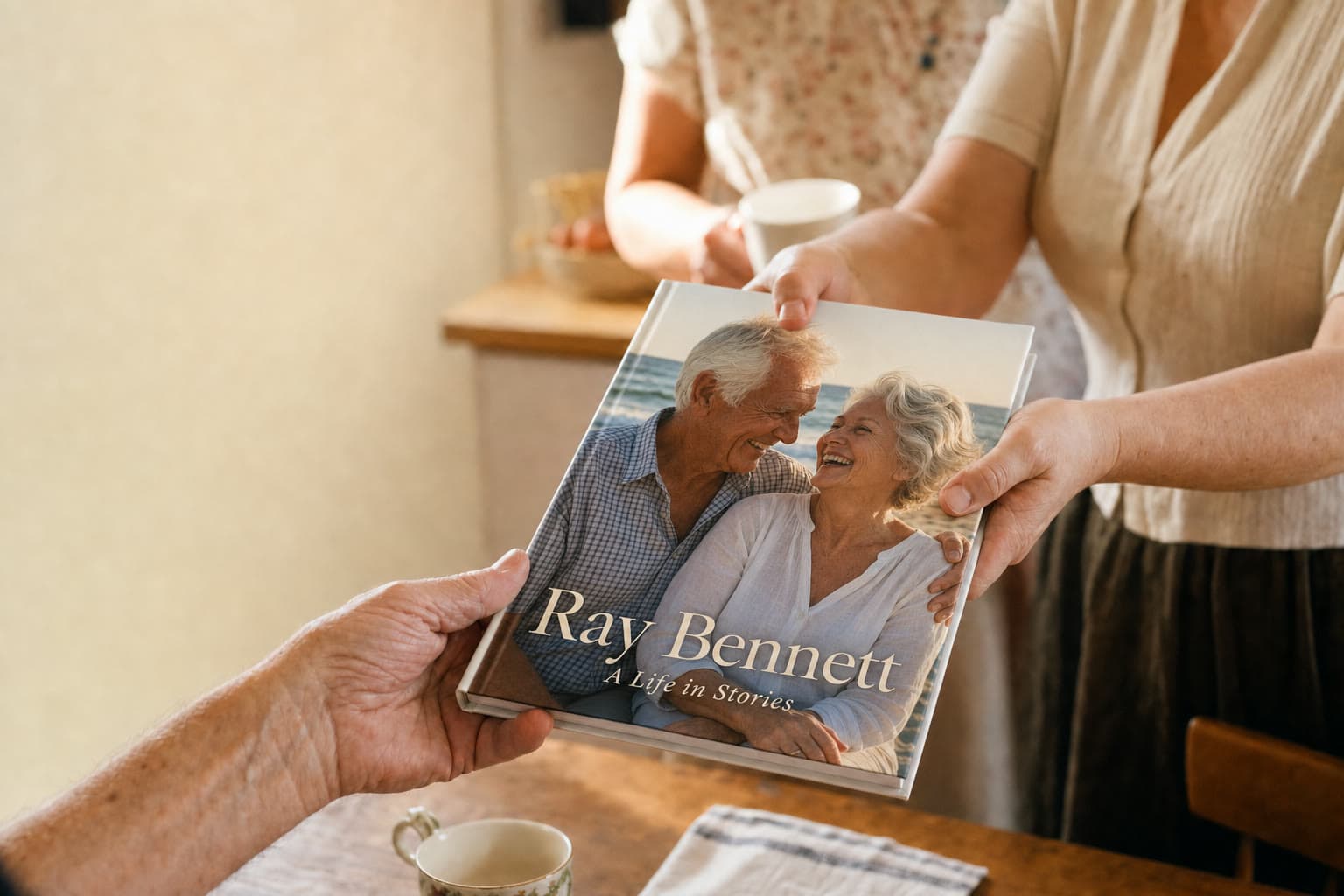 The LifeLoom heirloom book - Ray Bennett, A Life in Stories - being passed across a kitchen table