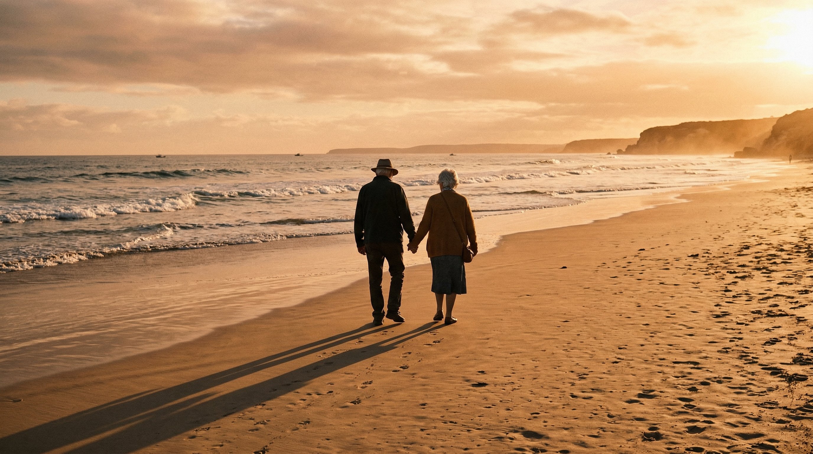 Elderly couple walking hand-in-hand on an Australian beach at golden hour