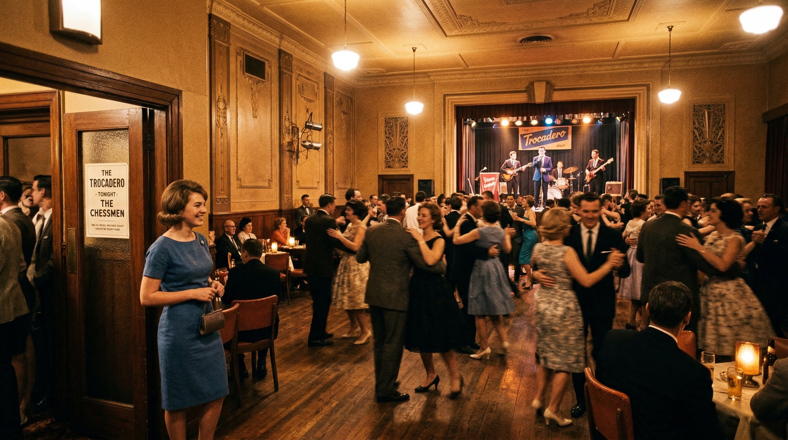1960s Australian dance hall with couples dancing under amber light