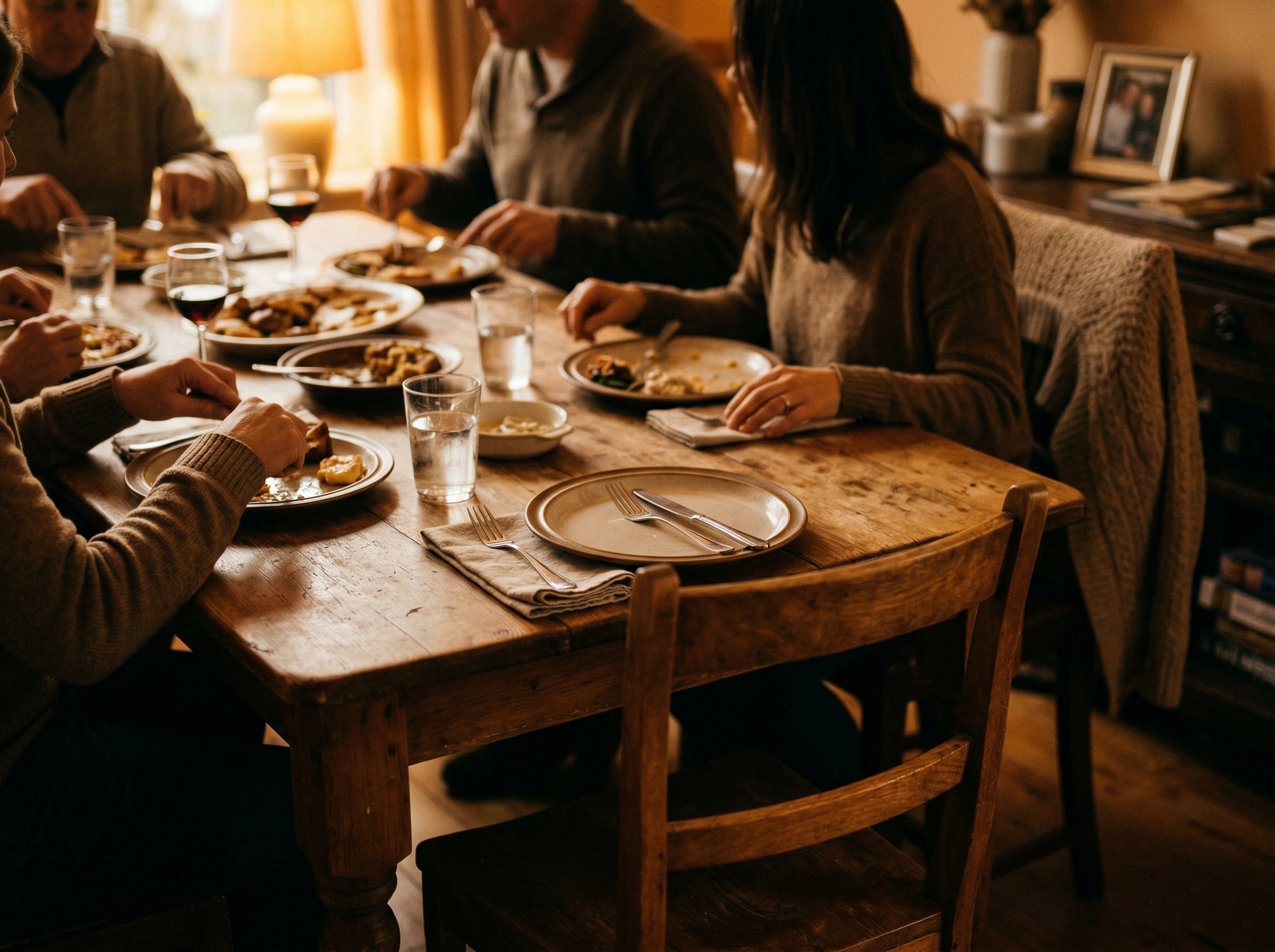 Family gathered around a dinner table sharing stories