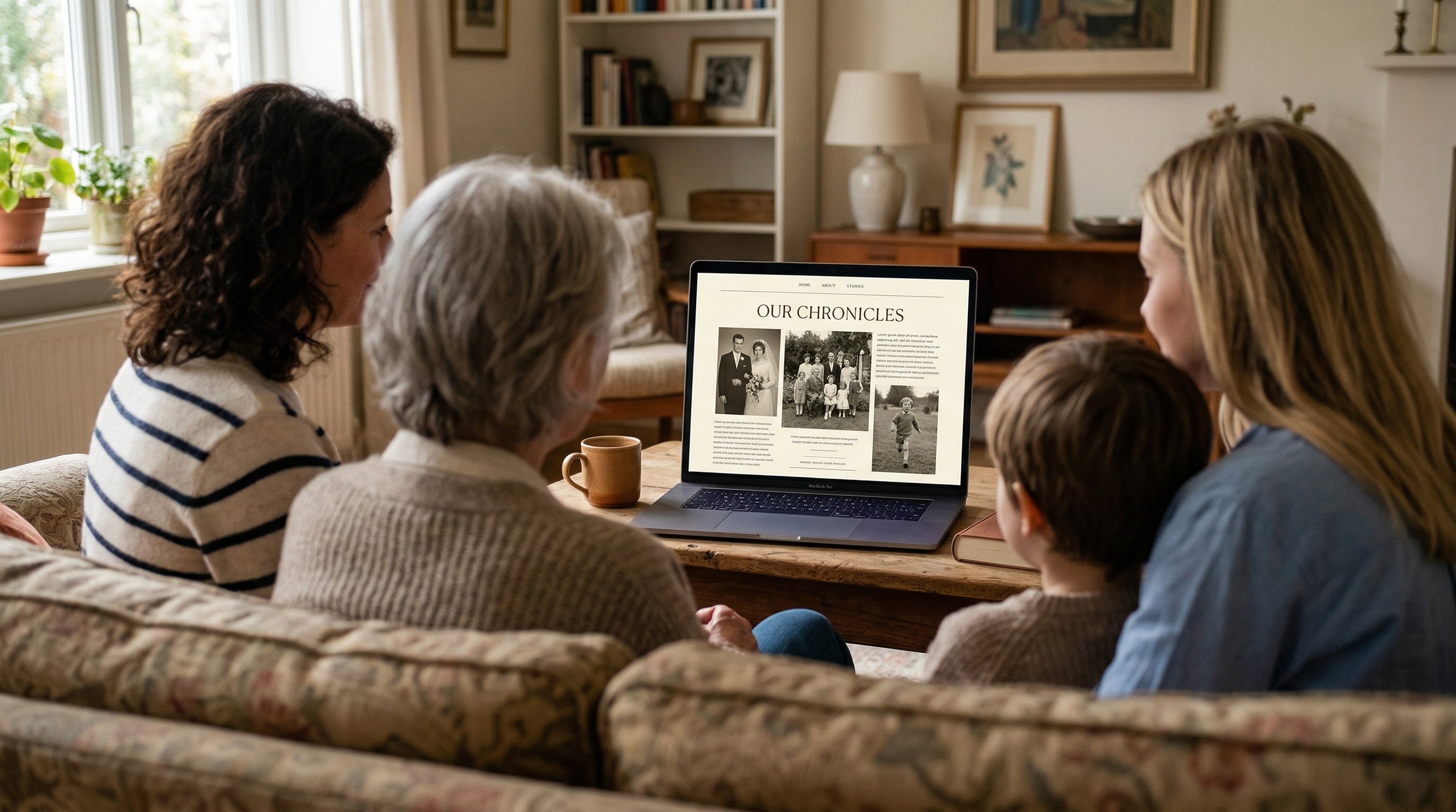 Family gathered on a couch browsing a personal story website on a laptop