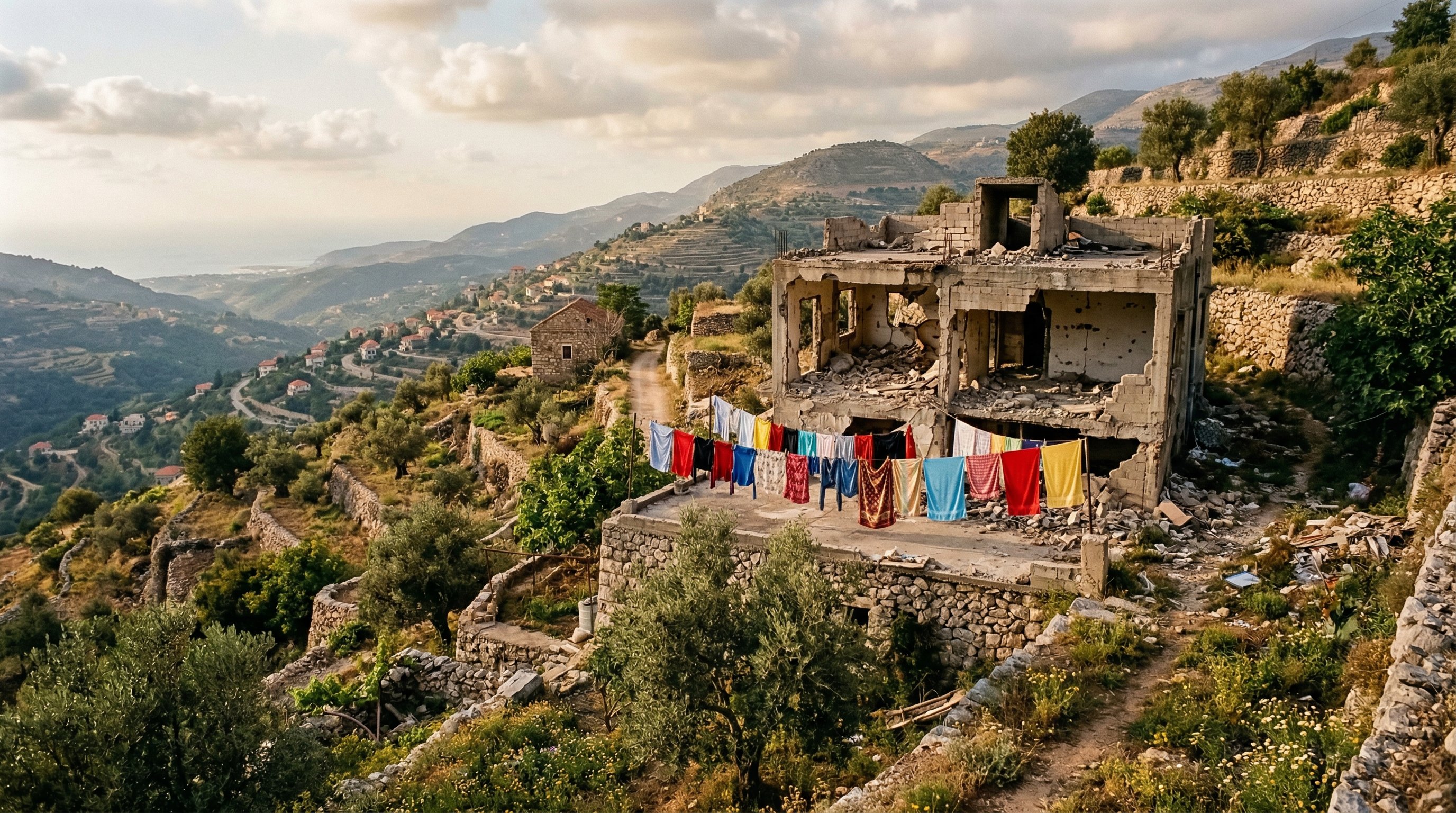Terraced Lebanese hillside with old stone walls, a shell of a building, and washing hung out front