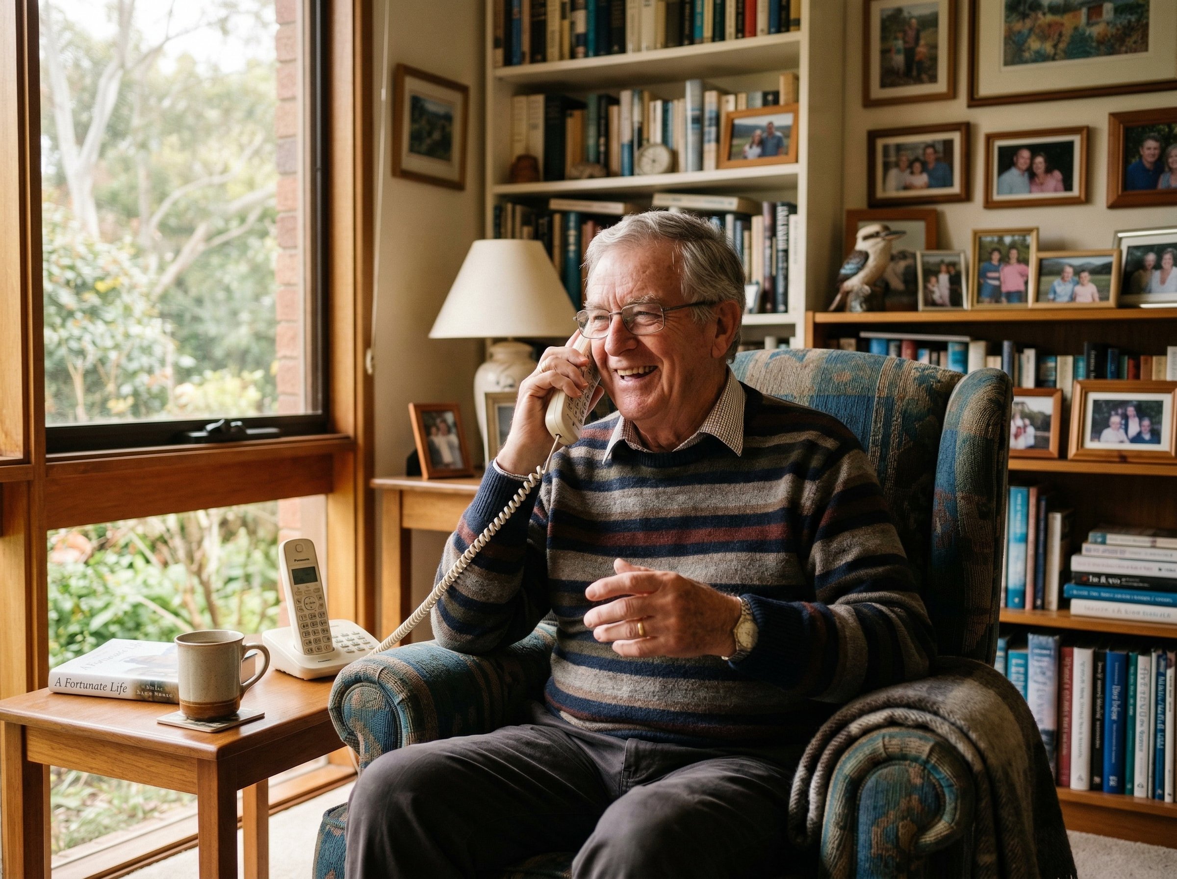 Elderly man smiling on a landline phone