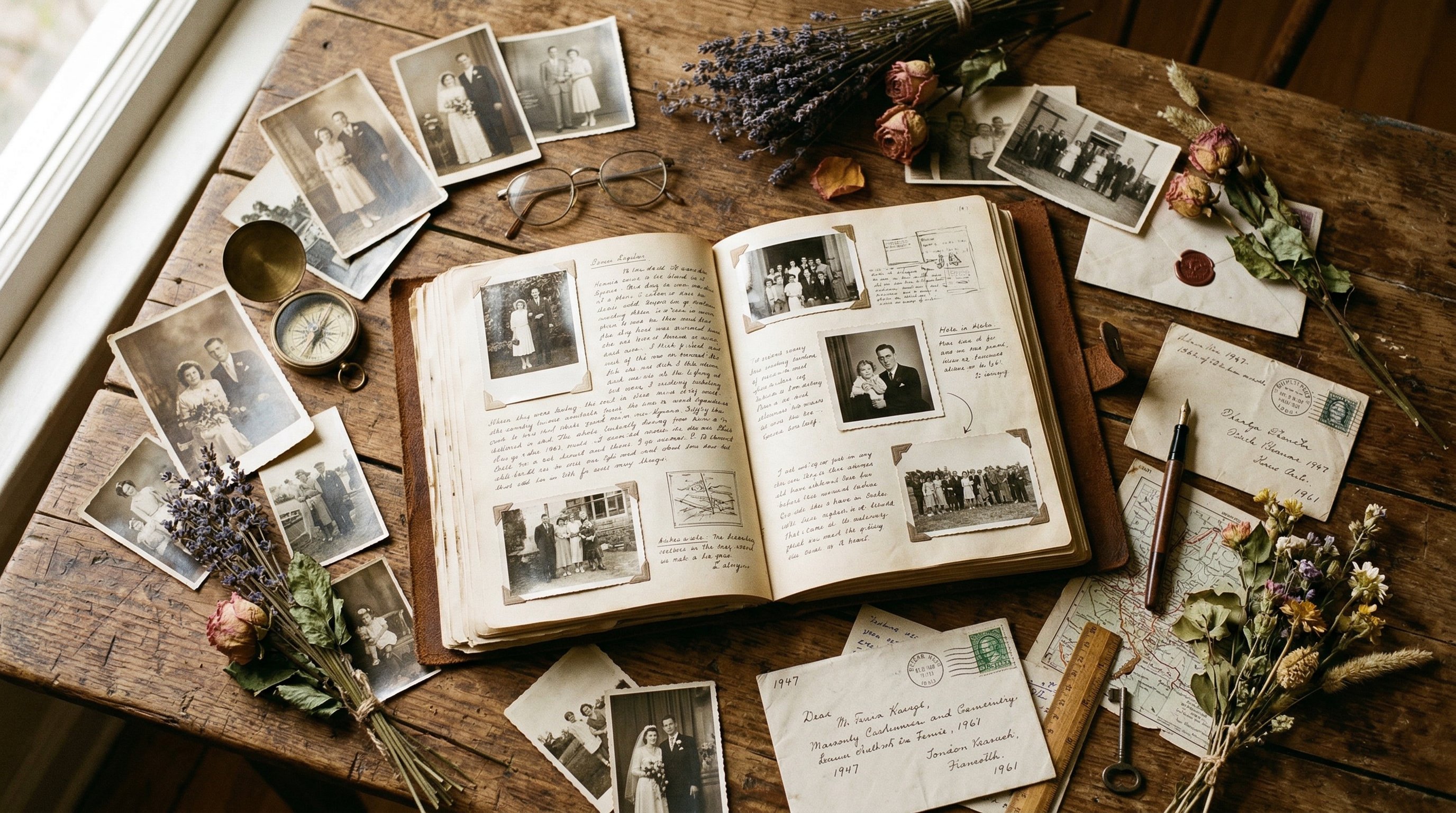 Open scrapbook surrounded by vintage photographs, letters, and keepsakes on a wooden table