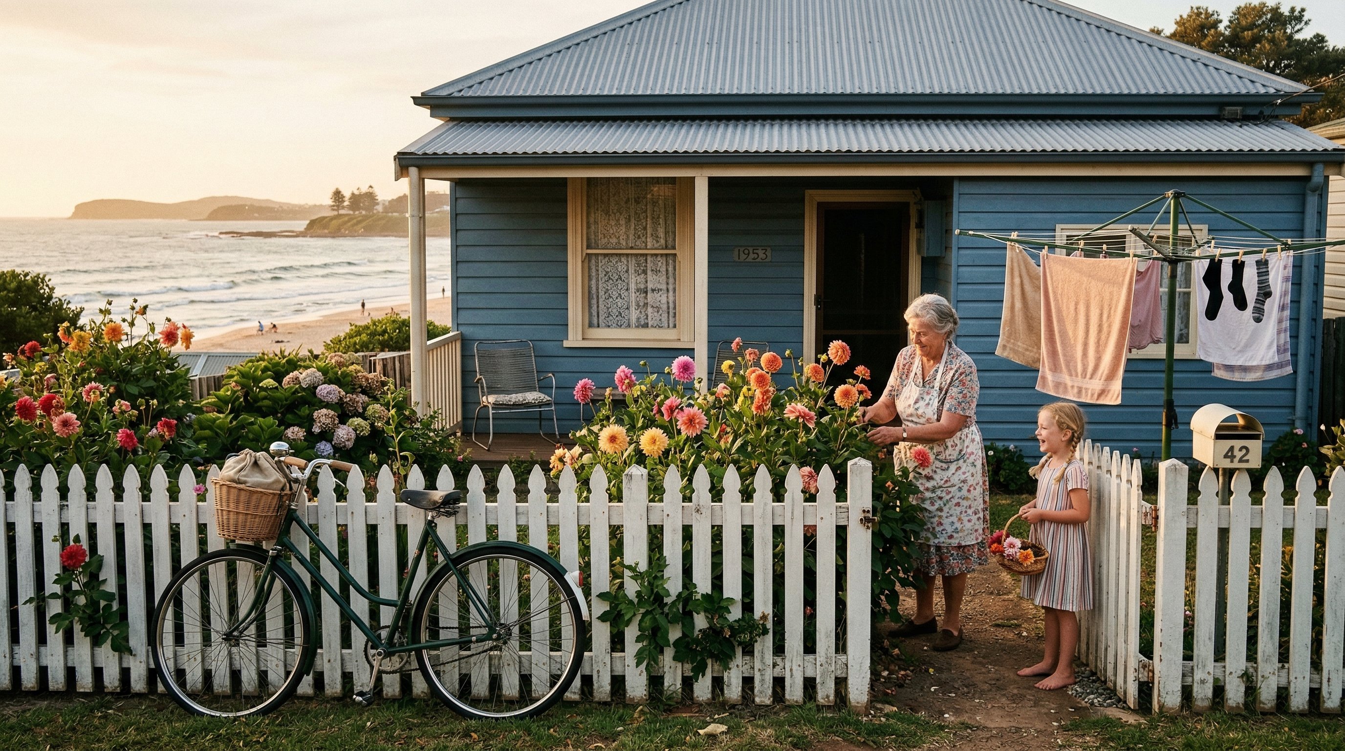 1950s Australian weatherboard cottage with dahlia garden